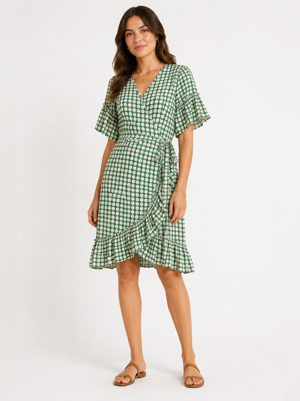 NEW Max Studio Daisy Print Ruffle Trim Wrap Short Sleeve Green Dress Small 1115